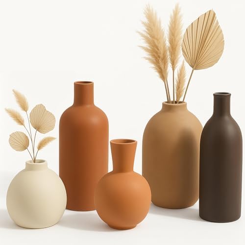 Neutral Ceramic Vase Set – 5 Matte Earth-Tone Vases for Japandi, ...