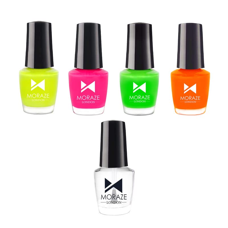 Moraze Combo Pack of 4 Neon Nail Polish Neon Nail Paint Hi Lite Candy Floss I Want To Be A Billionaire I Pink I Can Top Coat 5 ML Each
