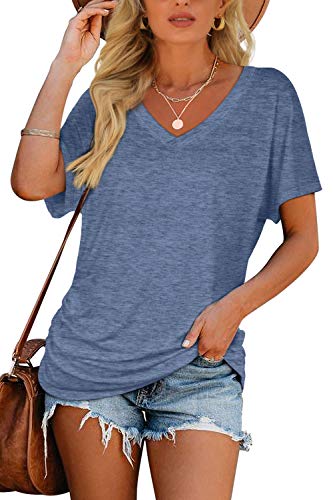 Image of WIHOLL Womens Summer T-Shirts Short Sleeve V Neck Dolman Tops with Side Shirring Loose Fit Shirts Spring Fashion