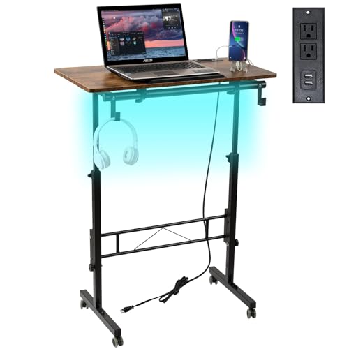Image of SIDUCAL Standing Desk Height Adjustable with Tiltable Tabletop, Rolling Laptop Desk with Charging Station, Sit Stand Portable Stand Up Desk with Wheels, Rustic Brown