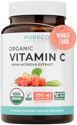 Certified Organic Vitamin C Supplement - Whole Food Acerola Vitamin C Immune Support Supplement for Seasonal Wellness with Naturally Occurring Bioflavonoids Polyphenols & Cofactors (1 Month Supply)