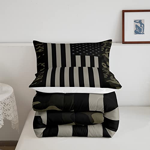 American Flag Comforter Set Full Military Camo Down Comforter,Retro Army Green Camouflage Usa Flag Bedding Set For Kids Boys Teens Men Bedroom,Black Grey Stars Stripes Quilt Duvet Set 2 Pillow Cases #TOP4