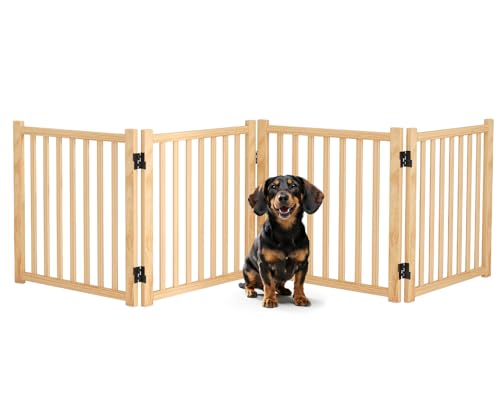Pshelfy Hundeabsperrgitter aus Holz 4 Paneelen 58cm Höhe - Freistehend & Faltbar, 360° Drehbar für Tür, Treppe, Flur als Welpen-Gitter & Kinderschutzgitter (BxH: 234 cm x 58 cm, Naturholz)