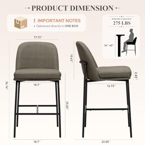 Image of COLAMY Counter Height Bar Stools Set of 2, 25 Inch Modern Fabric Kitchen Island Stools with Back, Upholstered Counter Barstools Armless Bar Chairs with Metal Legs for Island Dining Room Bar,Brown