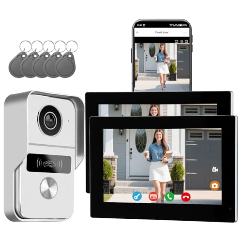 Wired Video Doorbell Apartment Intercom System, 1080P Doorbell Camera, 7-inch Touch Screen, Night Vision, Remote Unlock, Two-Way Intercom for Villa, Home, Office, with 1 Camera and 2 Monitors