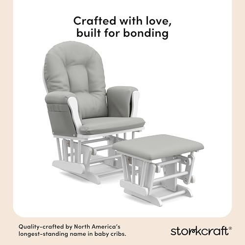 Image of Storkcraft Premium Hoop Glider & Ottoman (White /Light Gray) - GREENGUARD Gold Certified Nursery Glider, Solid Wood Craftsmanship, Smooth-Gliding Nursery Chair and Ottoman, Award-Winning
