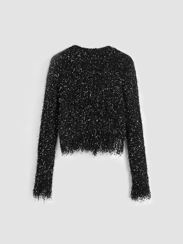 CIDER Fuzzy Round Neck Button Metallic Knitted Long Sleeve Cardigan: Black, M4