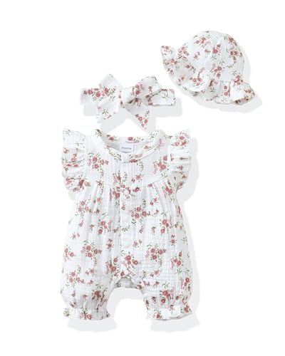 Renotemy Baby Girl Summer Romper with Hat & Headband