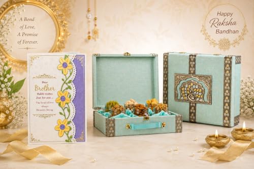 Image of Browntree Dry Fruits Rakhi Gift Hamper Bluemina 6P- 650g | Rakhi Hamper for Brother| 6 Piece luxury Gift Hamper - Almonds, Cashews, Raisins, Salted Pista, Apricots & Walnuts | Festive & Corporate Gifting Box | Ideal Gift Box for all celebration