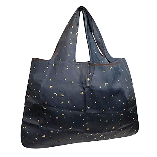 allydrew Large Foldable Tote Nylon Reusable Grocery Bag, Moon & Stars