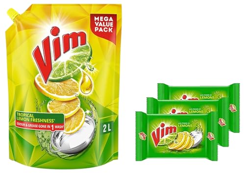 Image of Vim Fresh Lemon Fragrance Dishwash Liquid Gel 2 L Refill Pack- Liquid Kitchen Soap Super Saver Offer & Vim Fresh Lemon Dishwash Bar 200 g (Combo Pack of 3)