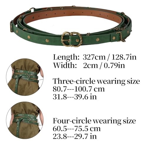 Image of HiiFeuer Medieval DIY Faux Leather Metal Chain Belt, Vintage Adjustable Thin Belt For Women, Retro Skinny Belt For Dresses (Green A)