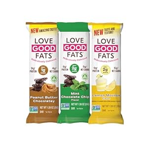 Love Good Fats Keto Protein Snack Bars – Chocolate Lover Variety Pack – 1-2g Sugar, 8-10g Protein, 5g Net Carbs, Gluten-Free, Non GMO – Peanut Butter, Mint, Lemon Mousse, Coconut – 4 Flavors (12 Pack)