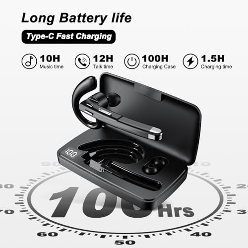 Image of Boytond Bluetooth Headset with 500mAh Charging Case, 100Hrs Playtime Wireless Headset with Noise Cancelling Mic, Wireless Earpiece Hands-Free Headphones for Office Trucker Driving Business,Black