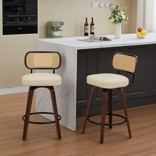 Image of YaFiti Counter Height Bar Stools Set of 4, 26 inch Rattan Counter Height Stools with Upholstered Seat, Walnut Craftsmanship, Swivel Counter Stools for Island /Kitchen /Counter /Bar (Pearl White)