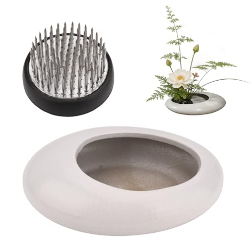 Flower Frog Vase Kit Pebble Shaped Bowl Ceramic Ikebana with 1.57inch Floral Frogs 5.51x4.13in Flower Holder Vases for Ikebana Teaching Aids Art Supplies Home Decor Arrangement (White)