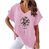 DASAYO Women's 4th of July Cotton Linen Shirt Tops Loose Vneck Love American Flag Print T Shirts Star Stripe Blouses Top
