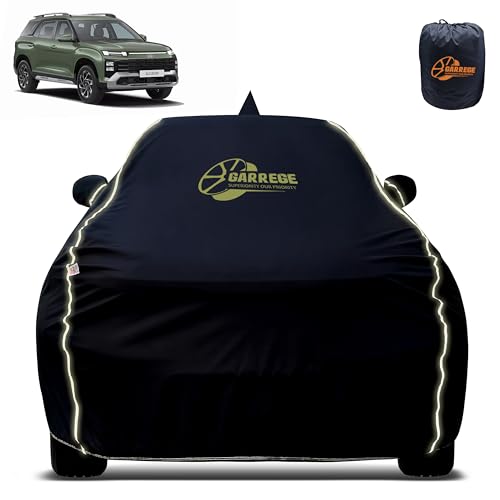 Image of Reflector Waterproof Car Cover for Hyundai Alcazar with Mirror & Antenna Pocket | All Weather Protection | Washable Fabric | Black Color