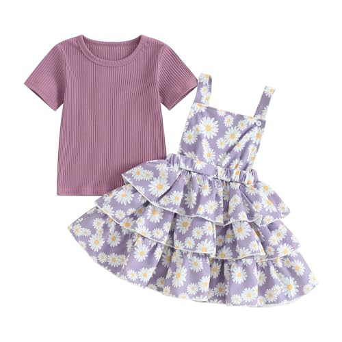 Image of Toddler Baby Girl Summer Clothes Kids Short Sleeve Solid T-Shirt Ruffle Daisy Skirts Overalls Dress Outfit 18M-6T