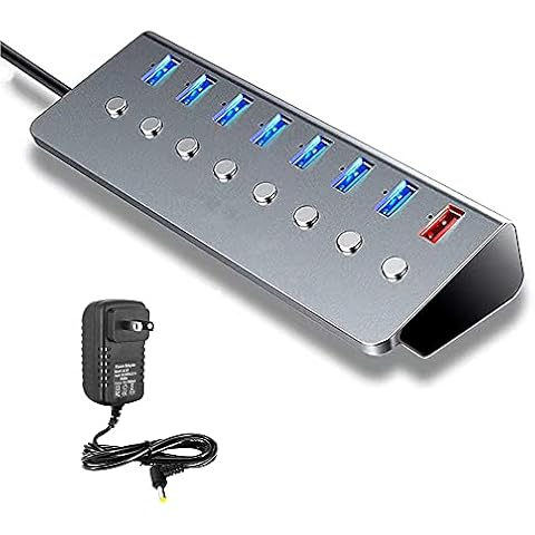 WJESOG USB 3.0 Hub 8 Port,5V/3A Power,Support 7 USB 3.0 Simultaneous Inputs and one USB Charging Port,Independent Switch with LED,Metal case Cover