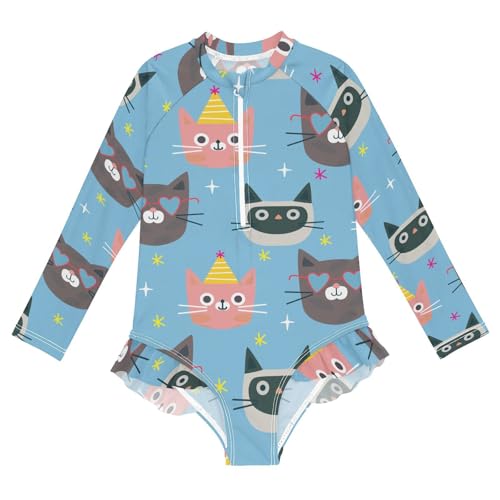 Cat in Hat Girls Swimsuit One Piece Rash Guard Girls' Swimwear Long Sleeve Swimsuits for Girl Size 3-12T2