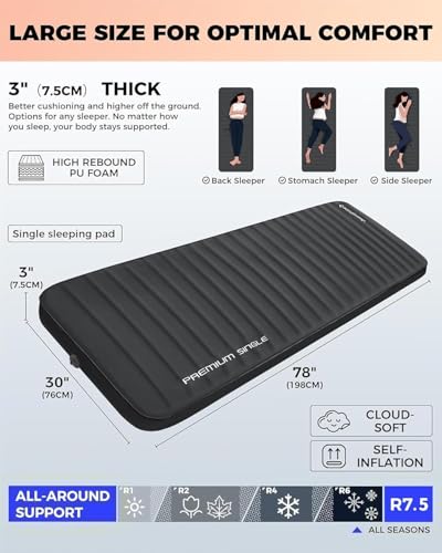 Image of KingCamp PREMIUM SINGLE Self Inflating Sleeping Pad, 7.5 R-Value Air & Foam Camping Mattress, 3 inch Thick Insulated Sleeping Pad with Pump Sack for Car Camp Tent, PVC Free, Single Black