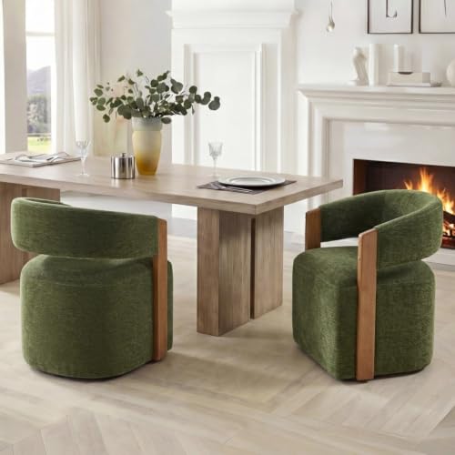Image of KISLOT Upholstered Dining Chairs Set of 1, Modern Wooden Arm Kitchen & Dining Room Chairs with Hidden Casters, Fabric Padded Rolling Chairs, Sturdy Wood Frame, 300 lbs Capacity, Green
