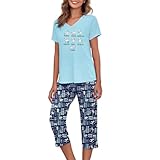 Women Short Sleeve Pajama Set Tops with Capri Pants Cartoon Print Sleep Shirt Two Piece Sleepwear Pj Set Dark Blue and White Cat XL