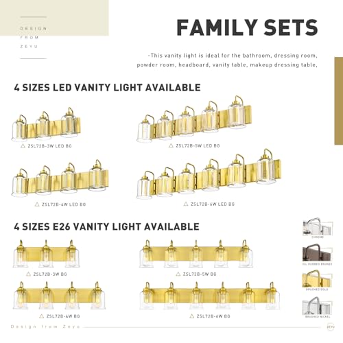 Image of zeyu 24W Dimmable Gold Bathroom Vanity Light, 4-Light Gold Bathroom Light Fixture with 5 Color Modes, Brushed Gold Finish with Crystal Bubble and Clear Glass, ZSL72B-4W LED BG