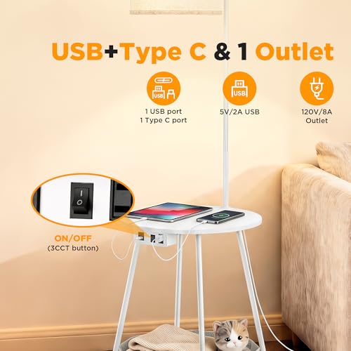 Image of LUTEC Floor Lamp with Table, End Table with Charging Station(USB & Type-C & AC Port), Round SideTable with Fabric Basket, 3 Color Temperatures 9W LED Bulb, Modern Nightstand for Bedroom, Living Room