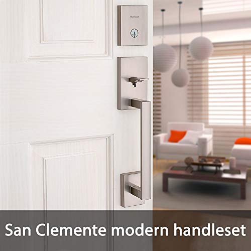 Kwikset 98180-002 San Clemente Single Cylinder Low Profile Handleset Front Door Lock With Halifax Lever Featuring Smartkey Security In Satin Nickel #TOP2