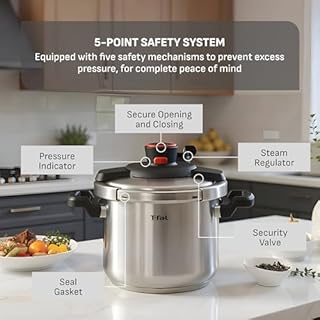 T-fal Clipso Stainless Steel Pressure Cooker, 8 Quart, Recipe Book, Steam Basket, Easy-Open Lid, Secure Locking System, Adjustable Pressure Valve, Induction Cookware, Pots and Pans, Kitchen, Silver