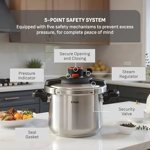 Image of T-fal Clipso Stainless Steel Pressure Cooker, 6.3 Quart, Recipe Book, Steam Basket, Easy-Open Lid, Secure Locking System, Adjustable Pressure Valve, Induction Cookware, Pots and Pans, Kitchen, Silver