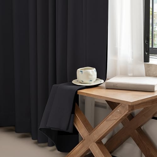 Image of FMFUNCTEX 100% Blackout Curtains for Bedroom, Black Curtains 63 Inch Length Textured Thermal Insulated Curtains for Living Room Drapes, Black Out Drapery Grommet Room Darkening 2 Panels