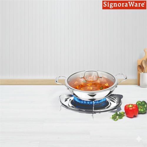 Image of Signoraware Artista Tri Ply Stainless Steel Shallow Kadhai 18cm with Glass Lid | Induction & Gas Compatible | Durable | Ideal for Stir Frying & Sauteing | Best for Curry & Gravies (1.2 LTR | Steel)