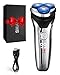 Rasoir Électrique Homme avec Écran LCD, Rasoir Électrique Sans Fil Rechargeable, IPX5 Étanche pour Rasage Sec et Humide, 3 Têtes Rotatives Double Piste, Tondeuse Pop-Up Intégrée, Peau Sensible(Argent)