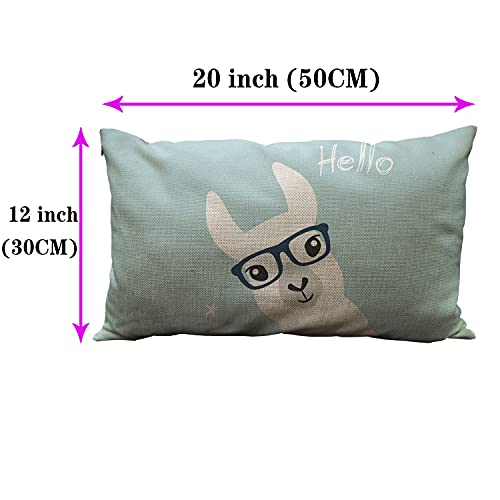 Wozukia Llama Alpaca Throw Pillow Cover With Glasses Hello Greeting Funny Blue Cotton Linen Decorative Rectangular Lumbar Pillowcase For Sofa Bed Couch Car Corridor 12"X20" #TOP2