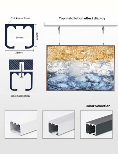 Image of Picture Rail Art Hanging Kit,Picture Rail Hooks & Installation Hardware,Ceiling Mount Photo Display Rail Track with 150cm Long Steel Cords(Milk,190cm /74.8in)