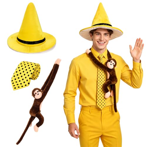 Coziyee Man in the Yellow Hat Costume Yellow Pointy Hat Polka Dot Tie Stuffed Monkey for Men Women Adult Halloween Cosplay