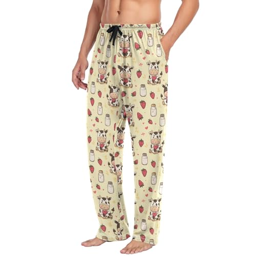 Vdsrup Men's Pajama Pants Cow Strawberry Milk Pajama Pants for Men PJs Bottoms Drawstring Pockets Sleep Lounge Pants S4