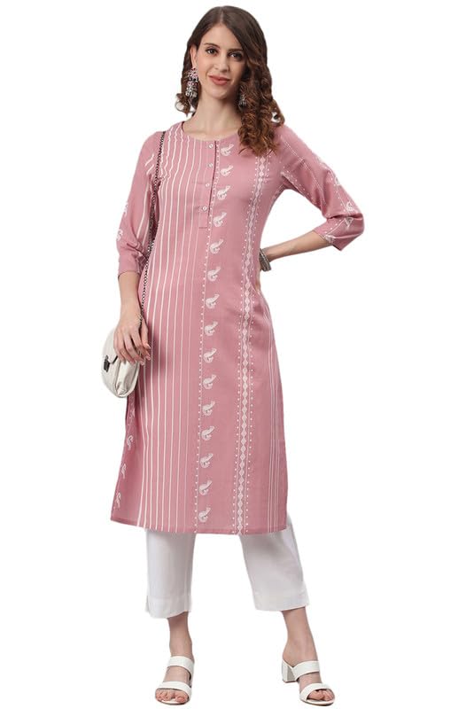 Janasya Women’s Cotton Straight Fit Straight Pastel Animal Print Kurta