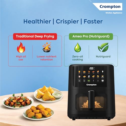 Image of Crompton Ameo Pro 5.5L Air Fryer with Even Heating, Pro Heating Bowl, Instapeek See through Window for Live Cooking View, Silentpro - Low Noise Technology, Nutriguard for Nutrient Retention