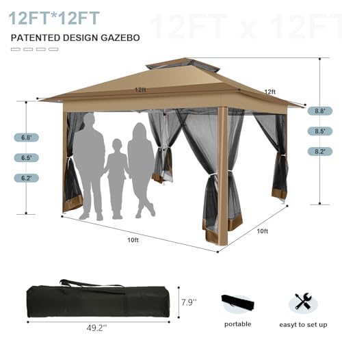 Image of COBIZI 12x12 Pop up Gazebo on Clearance Canopy Tent, carpas para Patio, Outdoor Canopy with Portable Carrying Bag for Vendor, Outdoor Patio Gazebo for Garden, Backyard,Beach, Brown