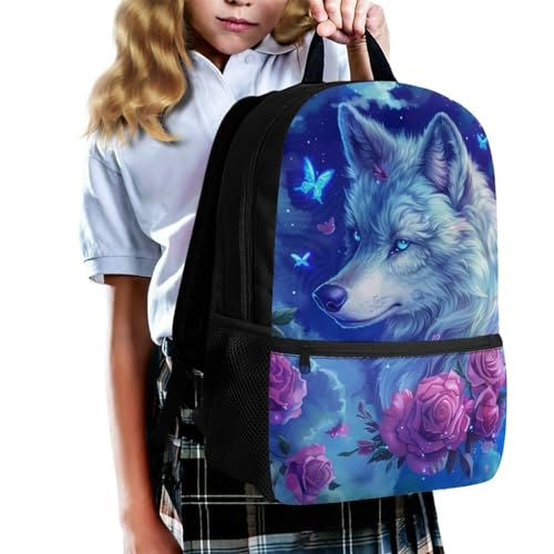 Wolf Backpack for Girls 8-10/12-14 Bookbag Kids Pink Rose Elementary School Bag Student Bookbag 17 Inch Middle School Student Back Pack Schoolbag with Side Pocket3