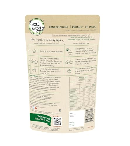 Image of Eat Easy Ready to Eat Paneer Combo of 4, Each Packet Serves 2, Freeze Dried | Veg Paneer Bhurji, Butter Masala, Chilli, Tikka Masala | Just Add Hot Water & Cook, Instant Indian Food for Travel, Camping