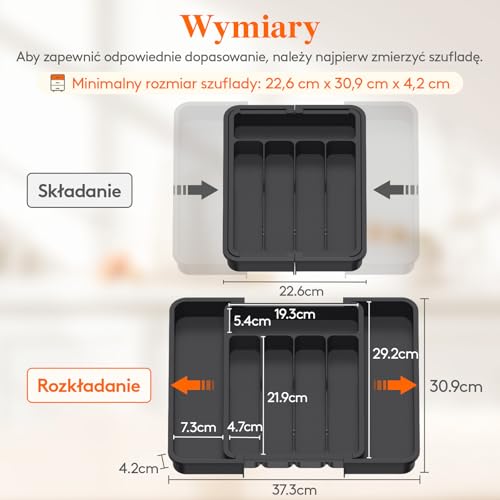 Lifewit Organizer do Szuflady Kuchennej na Sztućce, Rozszerzalna Wkład do Szuflad, Plastikowe Taca na Sztućce na Łyżki/Widelce/Noże, Głębokość 30,9 cm, Szerokość 22,6–37,3 cm, Czarny