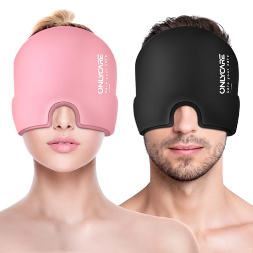 Image of ONLYCARE Migraine Relief Cap, Soothing Headache Relief Cap, Upgraded Odorless Gel Ice Head Wrap, Hot and Cold Therapy, Headache Ice Pack for Tension and Stress(Pink & Black 2 Pack)
