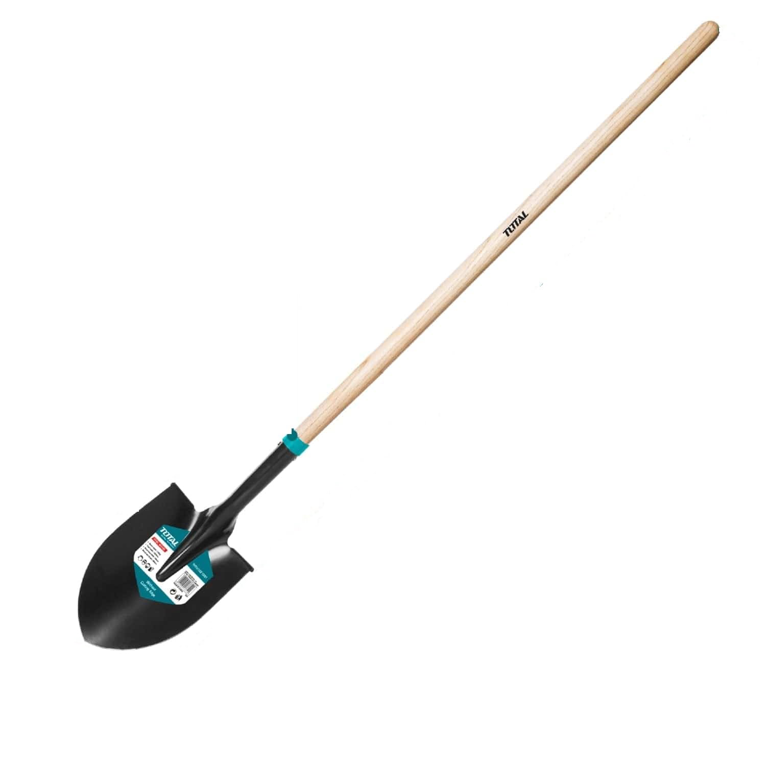 TOTALHeavy-Duty Light 1KG Garden Shovel with Long Wooden Handle – Round Point, Carbon Steel, 147CM - Ideal for Digging, Lawn Edging, and Pruning