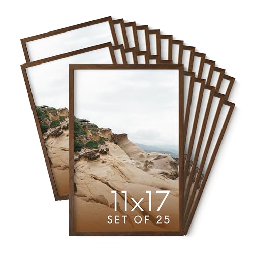 HAUS AND HUES 11x17 Walnut Oak Wood Picture Frames Set of 25 - Premium Bulk Picture Frames 11x17 Bundle - Elegant Gallery Wall Frame Set for Posters, Art Display