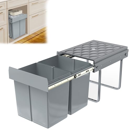 YRHome Système de tri sélectif encastrable avec 2 collecteurs de déchets amovibles - Avec rails télescopiques - Pour cuisine - Gris - 48 x 34 x 35 cm - 2 x 15 l